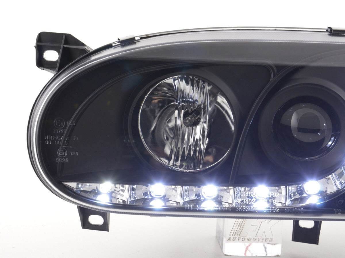 Scheinwerfer Set Daylight LED TFL-Optik VW Golf 3 Typ 1HXO 1EXO 91-97 schwarz Scheinwerfer Set Daylight LED TFL-Optik VW Golf 3 Typ 1HXO 1EXO 91-97 schwarz